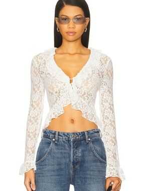 Lioness White Lace Ruffle-Front Crop Top